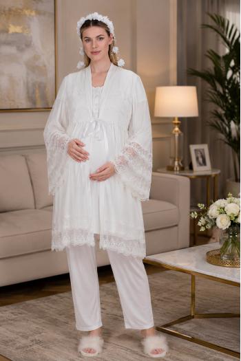 RİMEL Ekru  Kısa Kollu Dantelli Lohusa Pijama Takım Sabahlık 33010